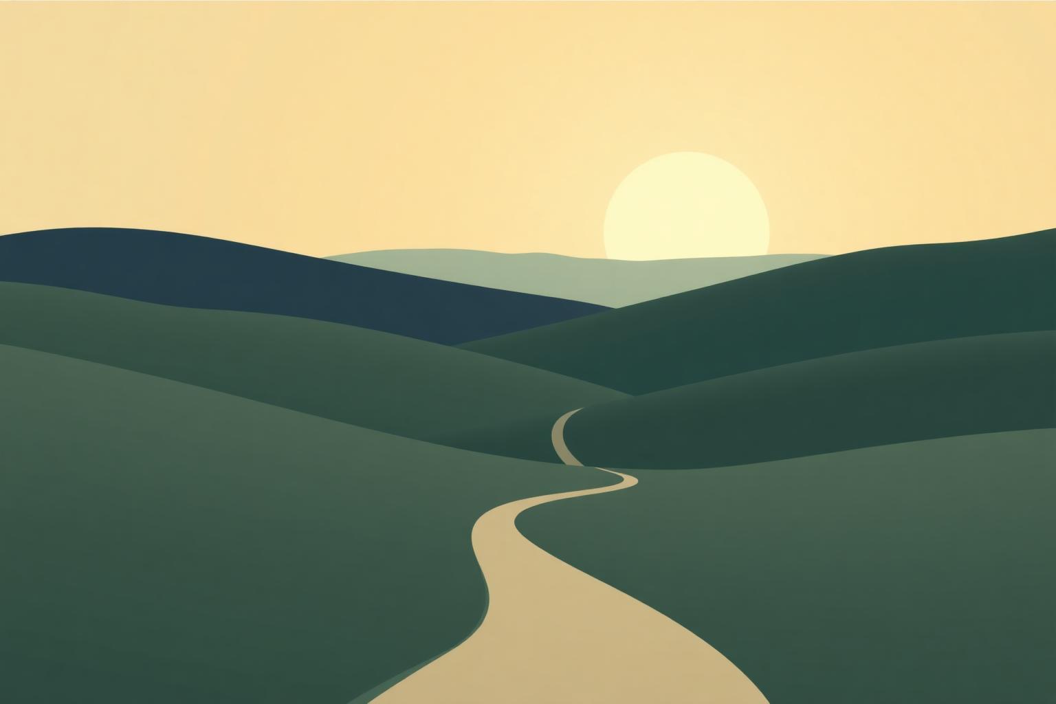 Illustrated path leading across a calm landscape.